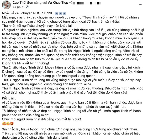 Cao Thái Sơn lên tiếng bênh vực Ngọc Trinh